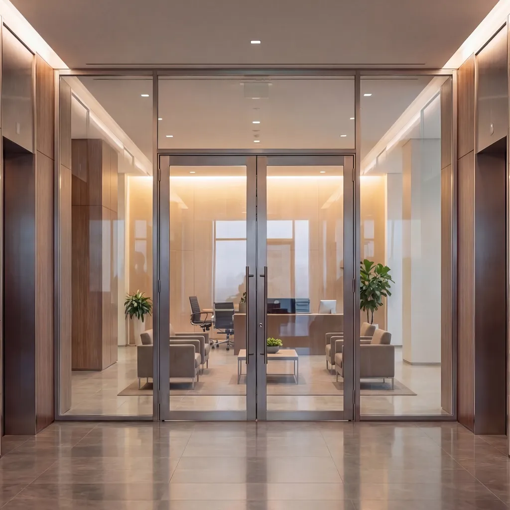 Lobby glass partition in clear state